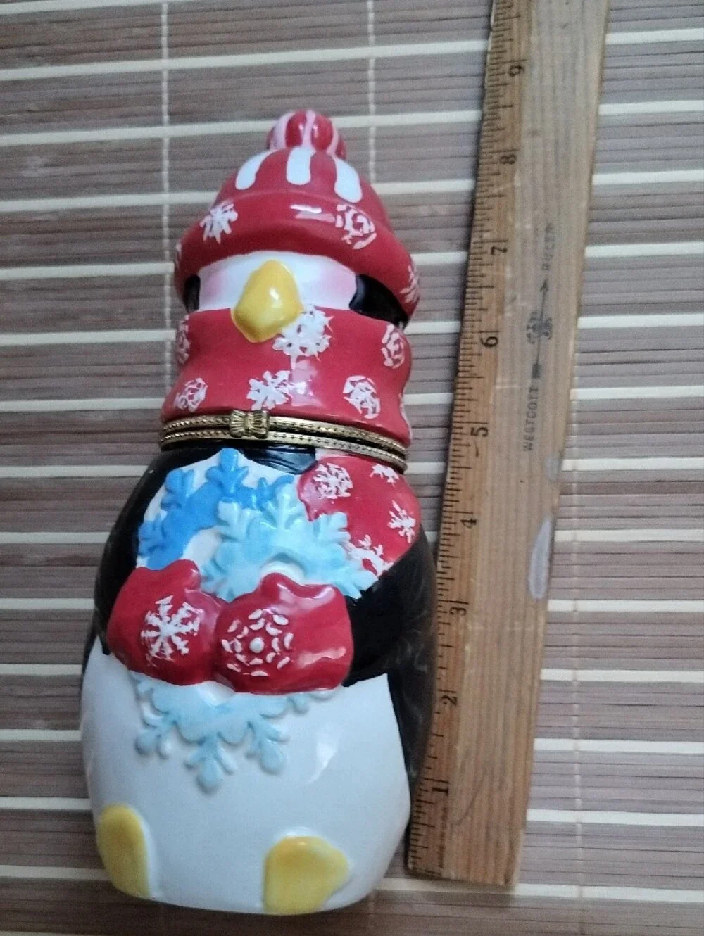 Festive Red Penguin Trinket Box - Holiday Snowflake Design